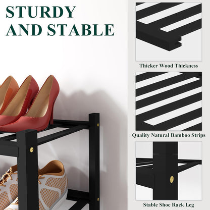 Smiry Bamboo Shoe Rack for Closet, 3 Tier Wooden Shoe Organizer, Stackable Wood Shoe Storage Shelf for Entryway, 14 Vertical Slats, One-piece Heavy-Duty Legs, 26.77"x11.02"x18.31", Natural