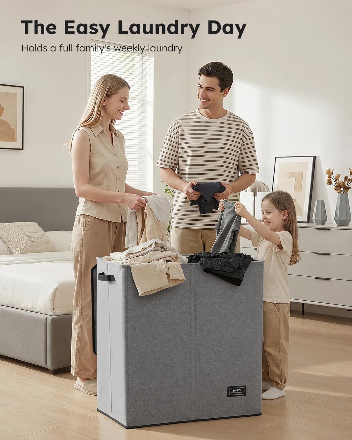 SOLEDI Luxury Double Laundry Hamper with Lid and Removable Bags, 38.3 Gal Large Laundry Bin, Laundry Basket 2 Sections, Collapsible Clothes Hamper for Bedroom, Laundry Room, Bathroom, Off-white