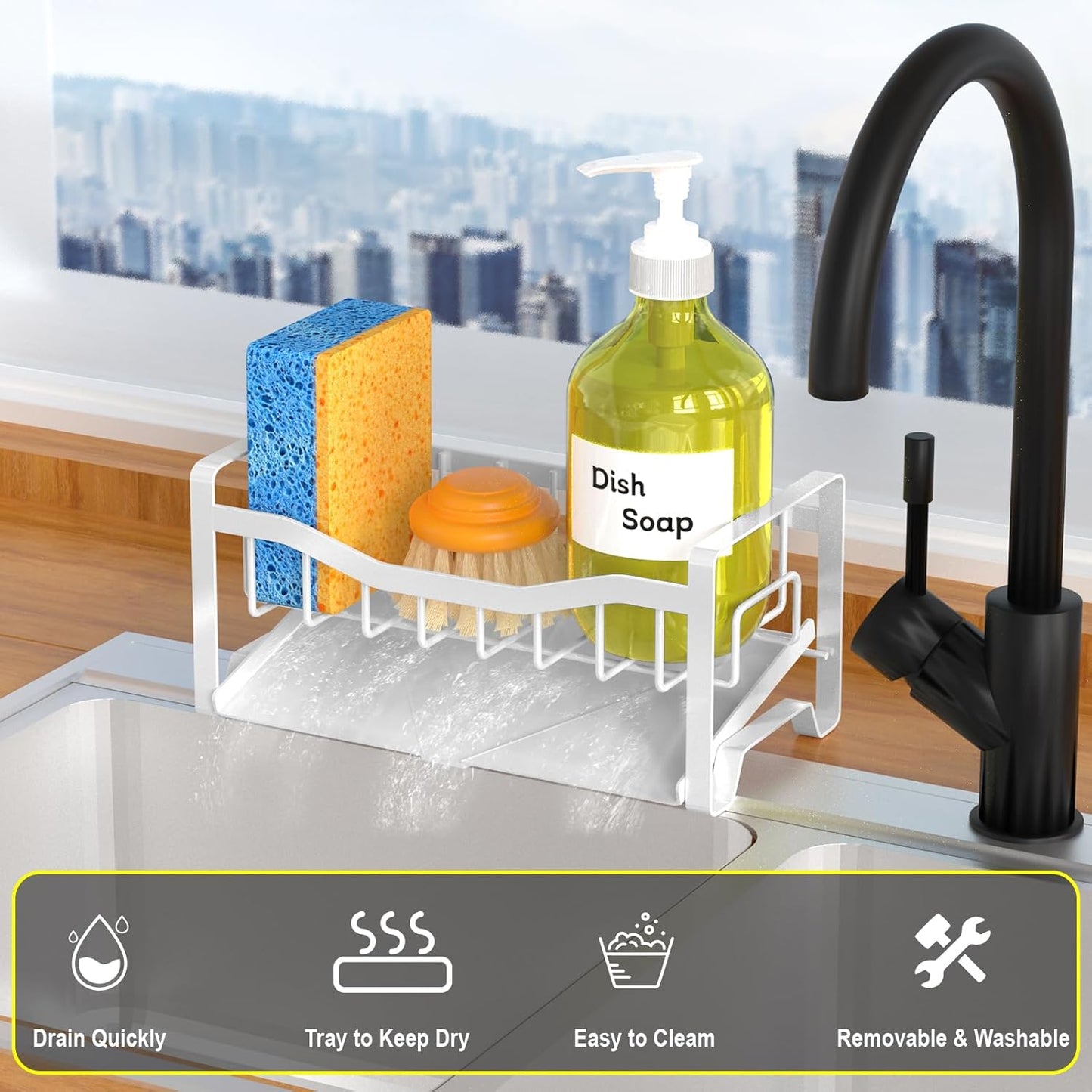 Maifan Stainless Steel Kitchen Sink Caddy Organizer with Auto Drain Tray, Sponge Holder for Countertop Storage