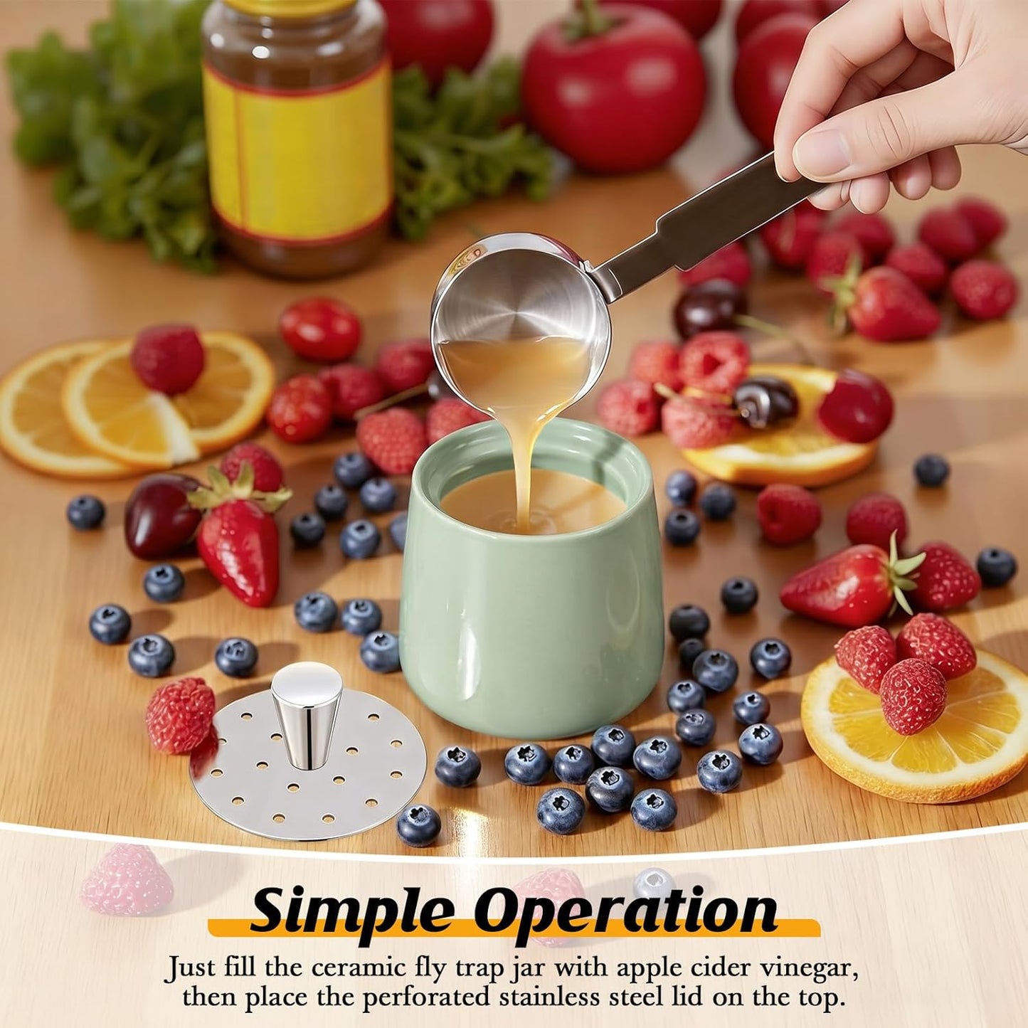 Ceramic Fruit Fly Trap for Indoors, Reusable Kitchen Fly Catcher with Stainless Steel Vent Lid, Uses Safe & Natural Vinegar Bait Trap, Dishwasher Safe, Easy to Use (White,1 Pack)