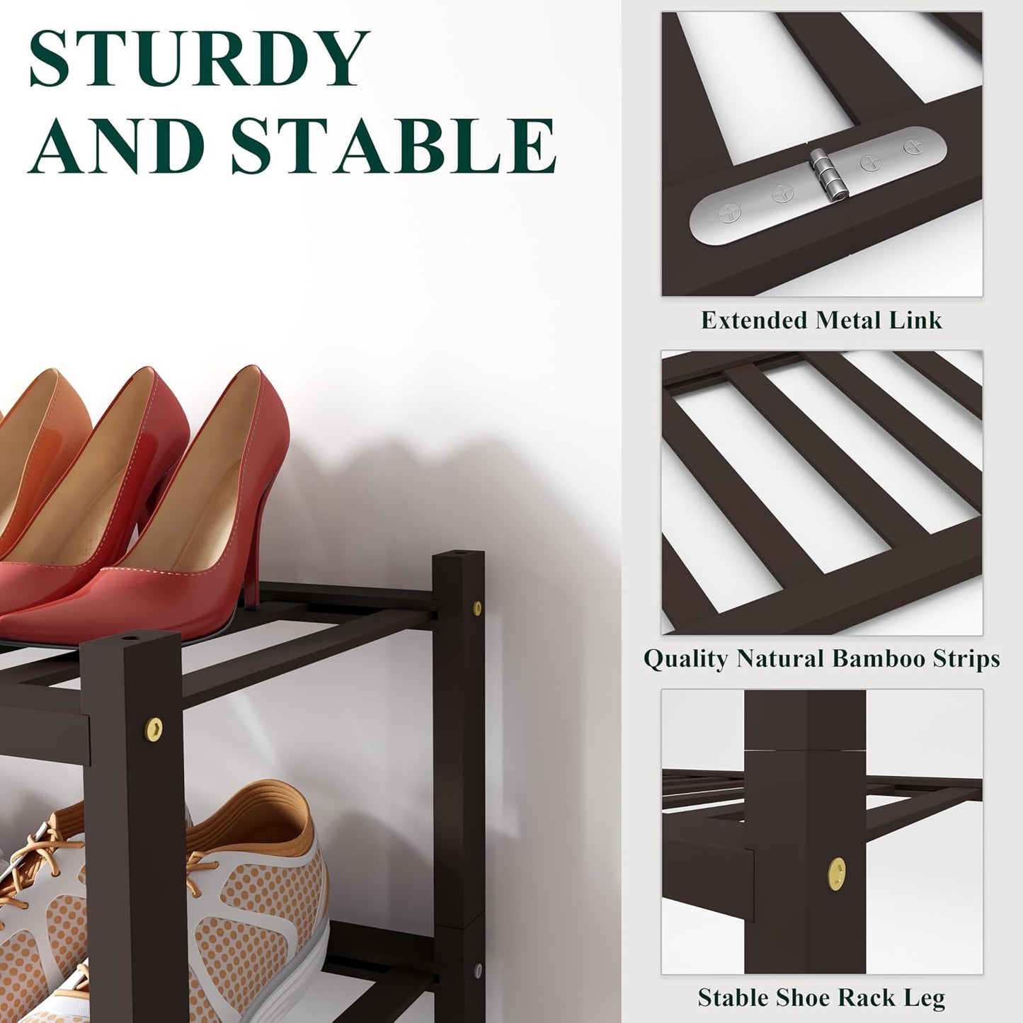 Smiry Bamboo Shoe Rack for Closet, 3 Tier Wooden Shoe Organizer, Stackable Wood Shoe Storage Shelf for Entryway, 14 Vertical Slats, One-piece Heavy-Duty Legs, 26.77"x11.02"x18.31", Natural