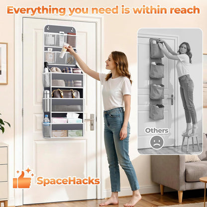 SpaceHacks 5-Tier Over the Door Organizer with Mesh Pockets, Baby Nursery Storage for Closet, Bathroom and Bedroom, Adjustable Hanging Closet Organizer for Cosmetics, Books and Essentials (Dark Grey)
