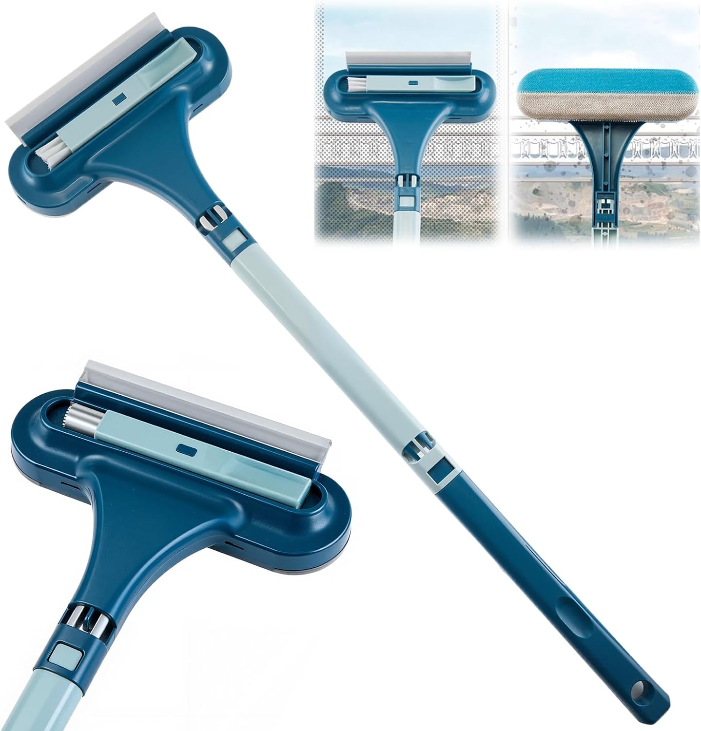 Window Screen Cleaning Brush, 2 in 1 Net Window Mesh Screen Cleaner Tool with Squeegee, Wet Dry Dual-Use Multi-Purpose Cleaning Brush for Dusty Corners, Patio Door Porch Screens, Blue
