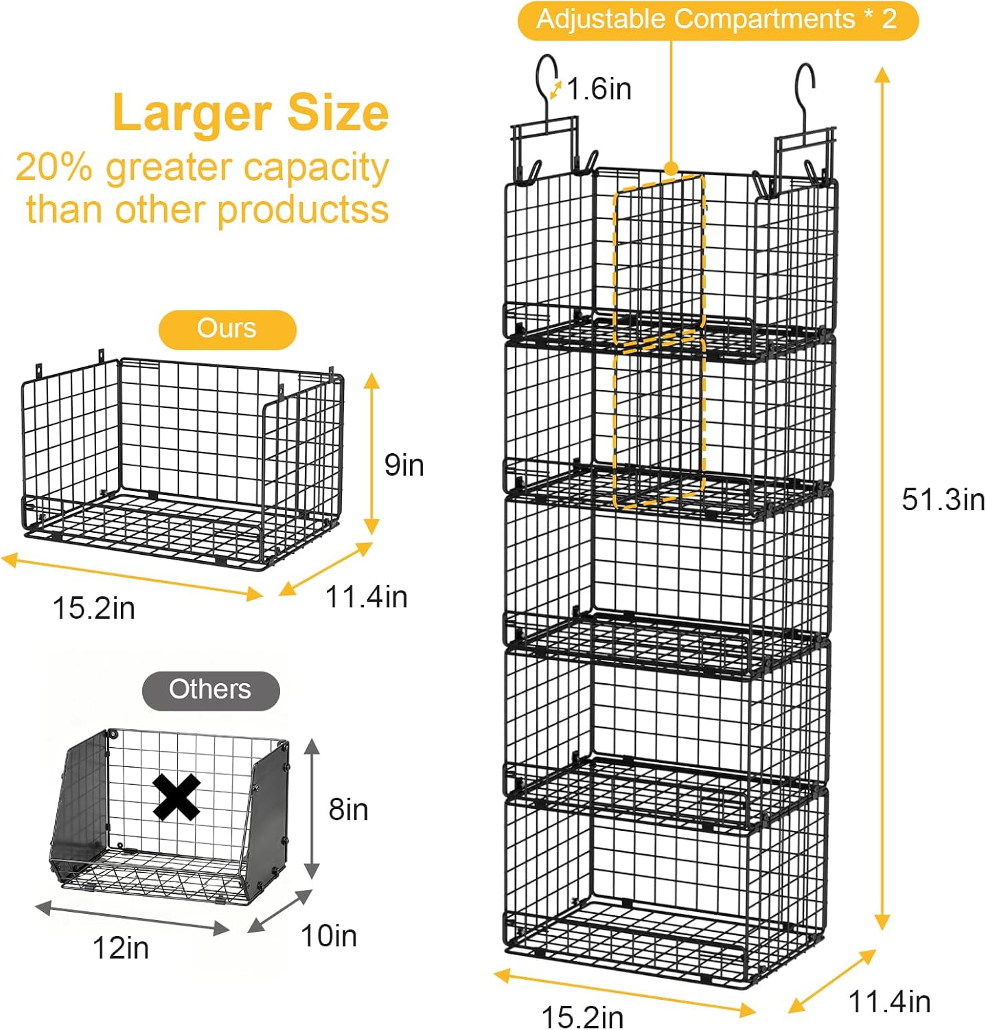 VyGrow 5 Tier Hanging Closet Organizer with Adjustable Dividers, Heavy-Duty Storage Shelves for Clothing, Kitchen, Laundry Room, Extra Large Baskets, 15.7" W x 11.8" D x 51" H, White