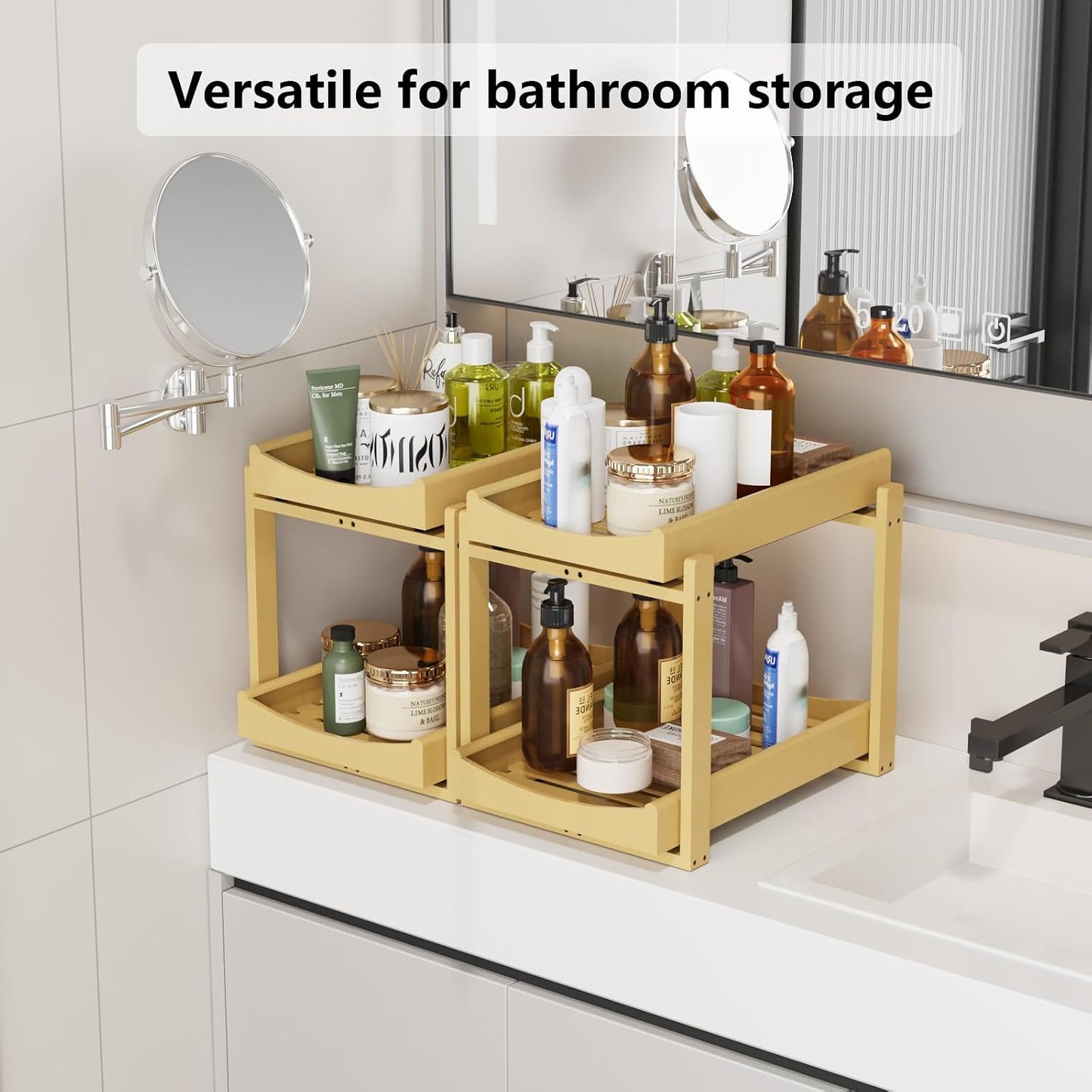 Bamboo Under Sink Organizer Adjustable Height 2 Tier Bathroom Organizer Pull Out Cabinet Storage Kitchen Heave Duty Wood Slide Ou Shelf for Kitchen Bathroom (Black, 2 Packs) (Black, 2 Pack)