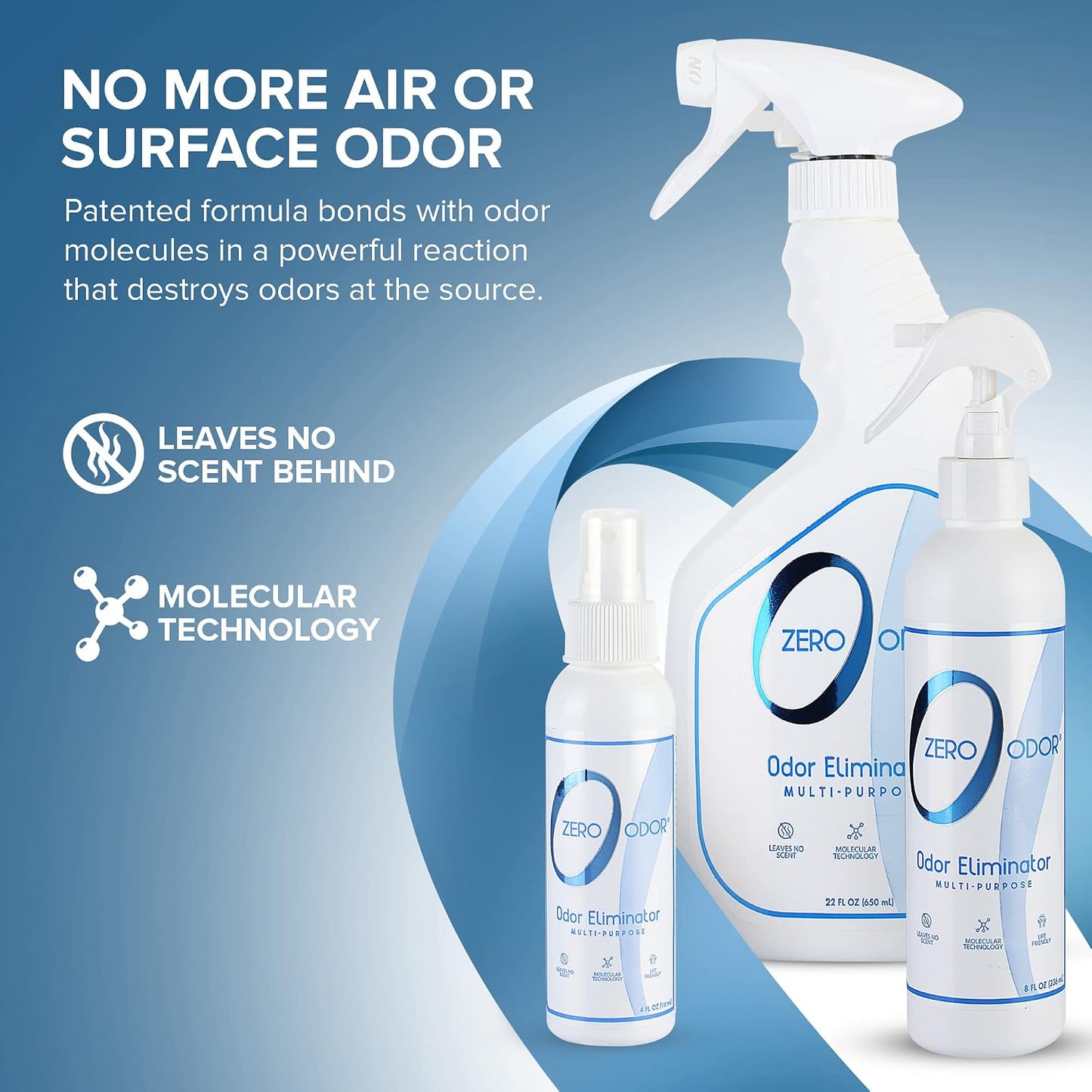 Zero Odor – Multi-Purpose Odor Eliminator - Air & Surface Odor – Patented Technology for Bathroom, Kitchen, Fabric, Closet- Smell Great Again, 16oz