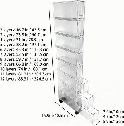 Slim Storage Cabinet with Wheels, Space Saving Narrow Rolling Cart, Thickened PET Transparent Drawer Organizer, Mobile Bathroom for Small Spaces Kitchen Laundry(Clear White,3.9*15.9*16.7in)