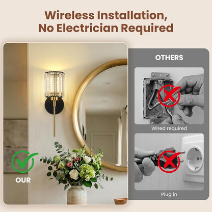 Crystal Battery Operated Wall Sconces, Brushed Gold Rechargeable Wireless Wall Sconce Lights with Dimmable Bulbs and Remote, 12 Colors and 3CCT Dimmable Crystal Lamps for Living Bedroom, 3000~6000K