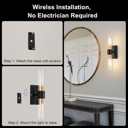 SANTOSTOCK Gold Battery Operated Wall Sconce Set of 2, 12000mAh Rechargeable Wall Lights with Remote Control, Wireless Dimmable Wall Lamps for Bedroom Living Room Bathroom Hallway Stairwell