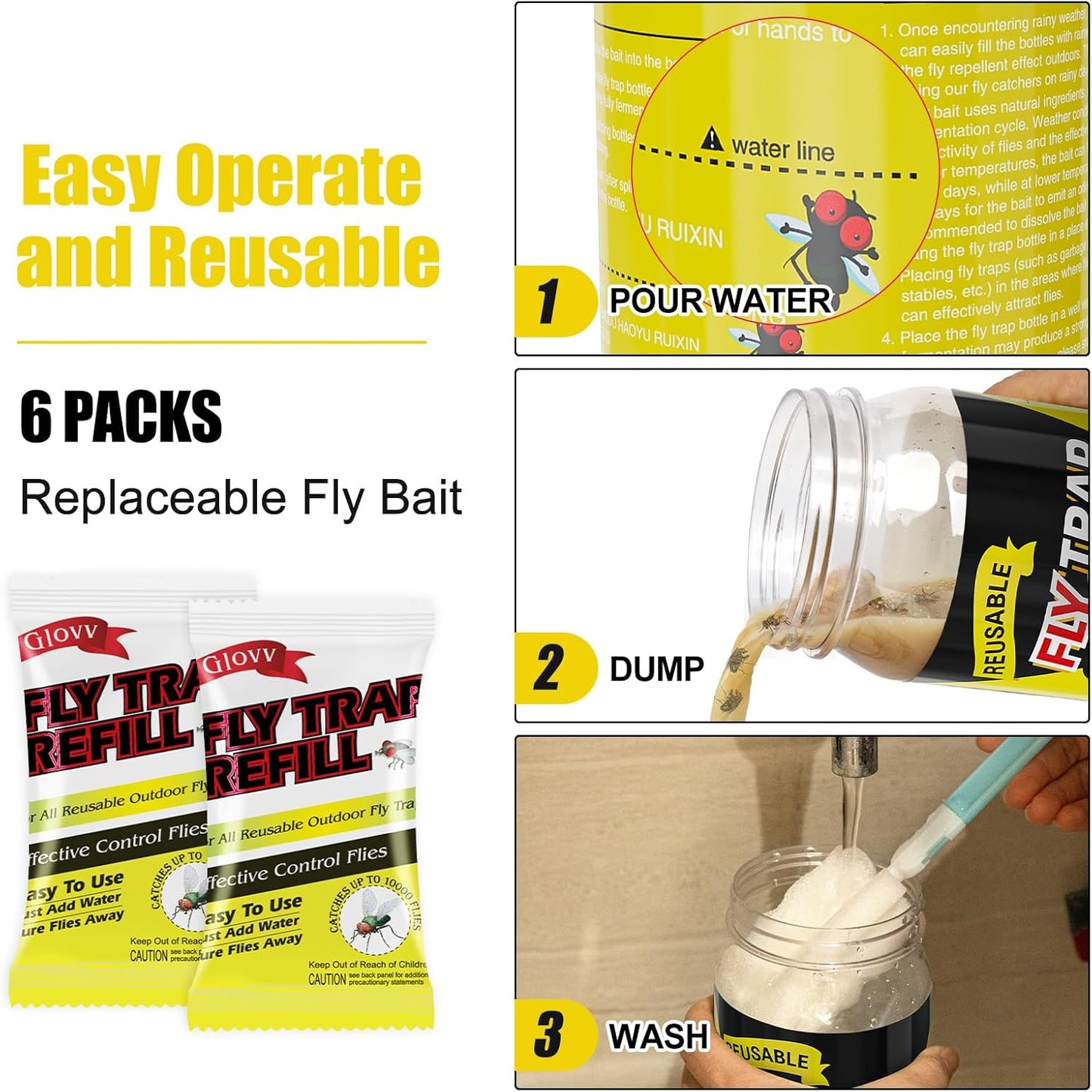 4 Fly Traps Outdoor Fly Trap with 4 Dissolvable Bait Refills, Reusable Hanging Bug Catcher Killer Bottle for Outside Bug Control Patio Yard Ranch Barns Stable, Hanging Rope, Brush Included