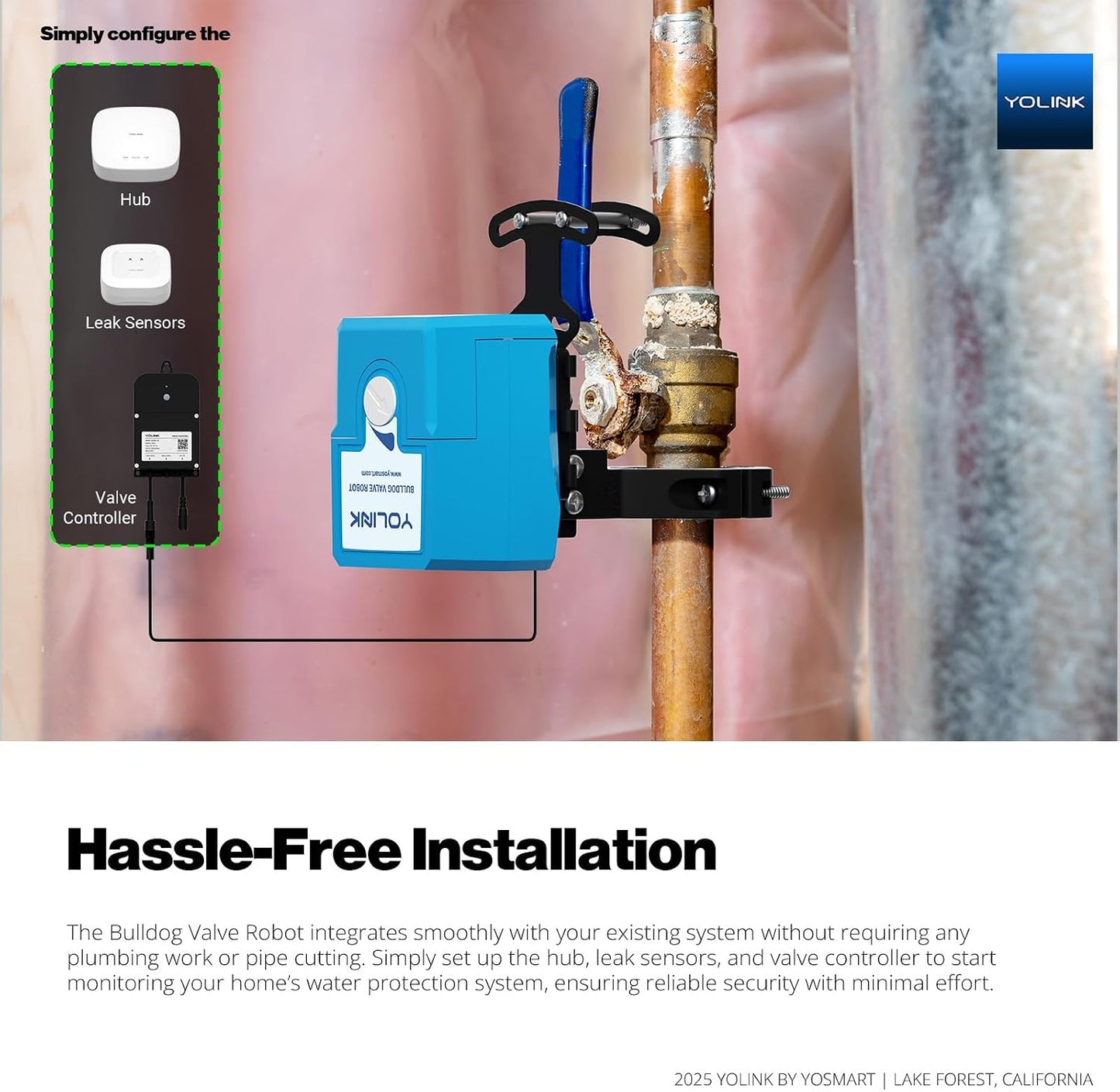YoLink Smart Water Leak Protection System Kit: Bulldog Valve Robot, Smart Valve Controller 2, 3 Water Leak Sensors, Hub