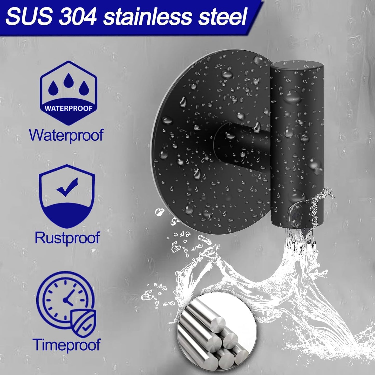 Bntuk Wall Towel Hooks, Adhesive Hooks for Coat Waterproof Shower Hooks, Sticky Hanger Hook for Hanging Coat, Clothes, Robe, Towel Hooks for Bathroom Glass Window - 2 Pack, Black