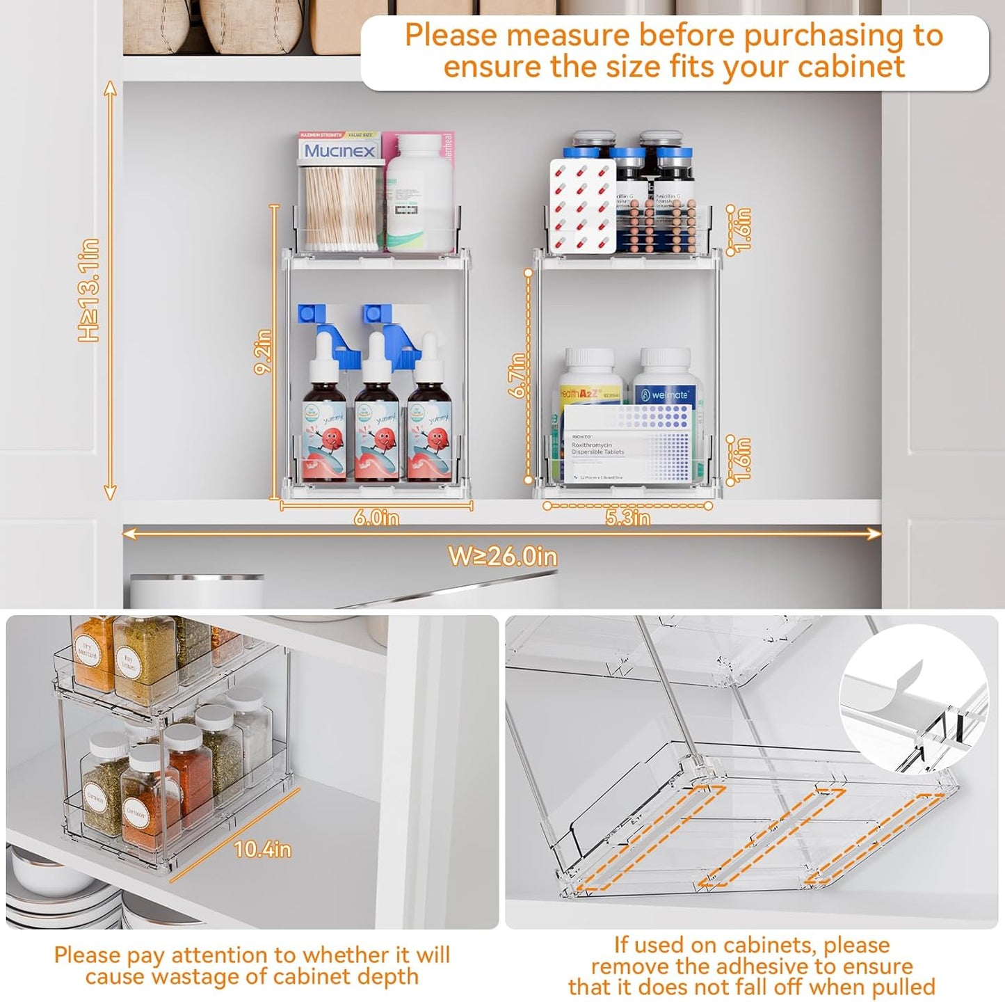 Yieach 4 Set Bathroom Organizers and Storage,2 Tier Clear Under Sink Organizer and Medicine Cabinet Organizer for Kitchen,Pantry Storage,Pull Out Drawers for Skincare,Pill Bottle,Spice Organization