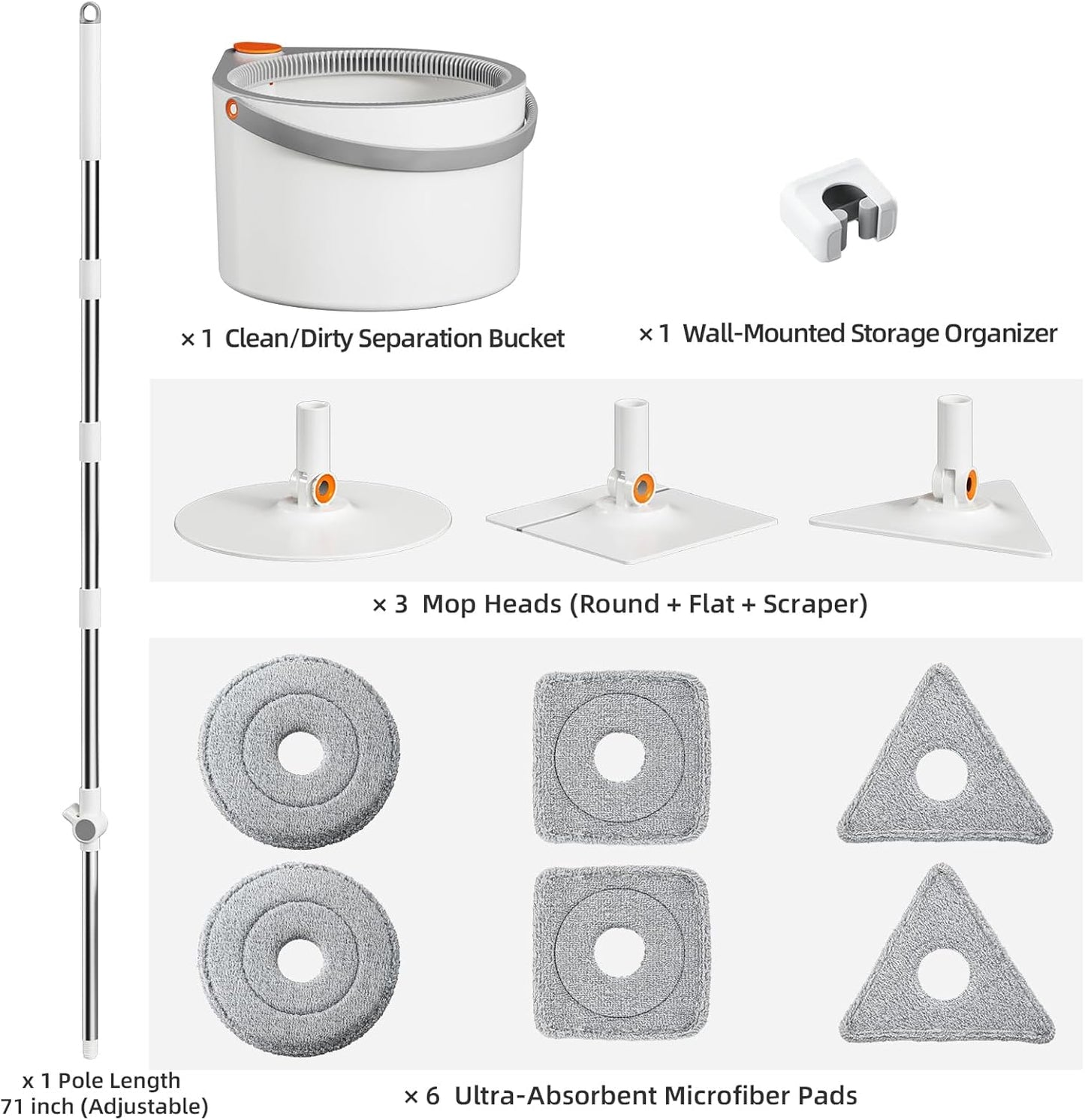 3-in-1 Spin Mop and Bucket Set with Clean Water Separation, 71” Extra Long Handle for Wall Cleaning, 3 Specialized Heads for Baseboards & Corners, 6 Microfiber Refills for Hardwood Floor Care