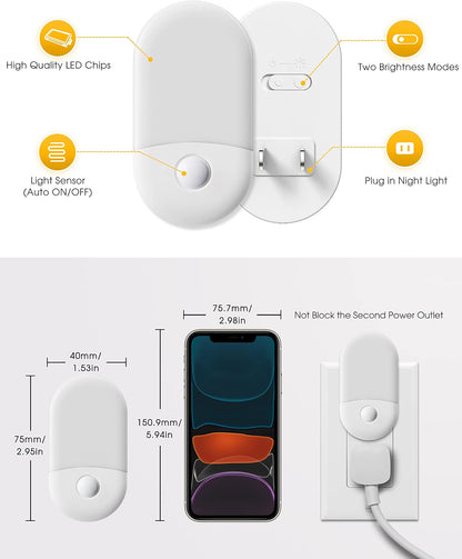 L LOHAS LED Night Lights Plug into Wall, [2 Pack] LED Dimmable Night Light with Light Sensors, 30/60LM Adjustable Brightness Nightlights, Soft White 3000K Automatic Night Light for Kid, Hallway