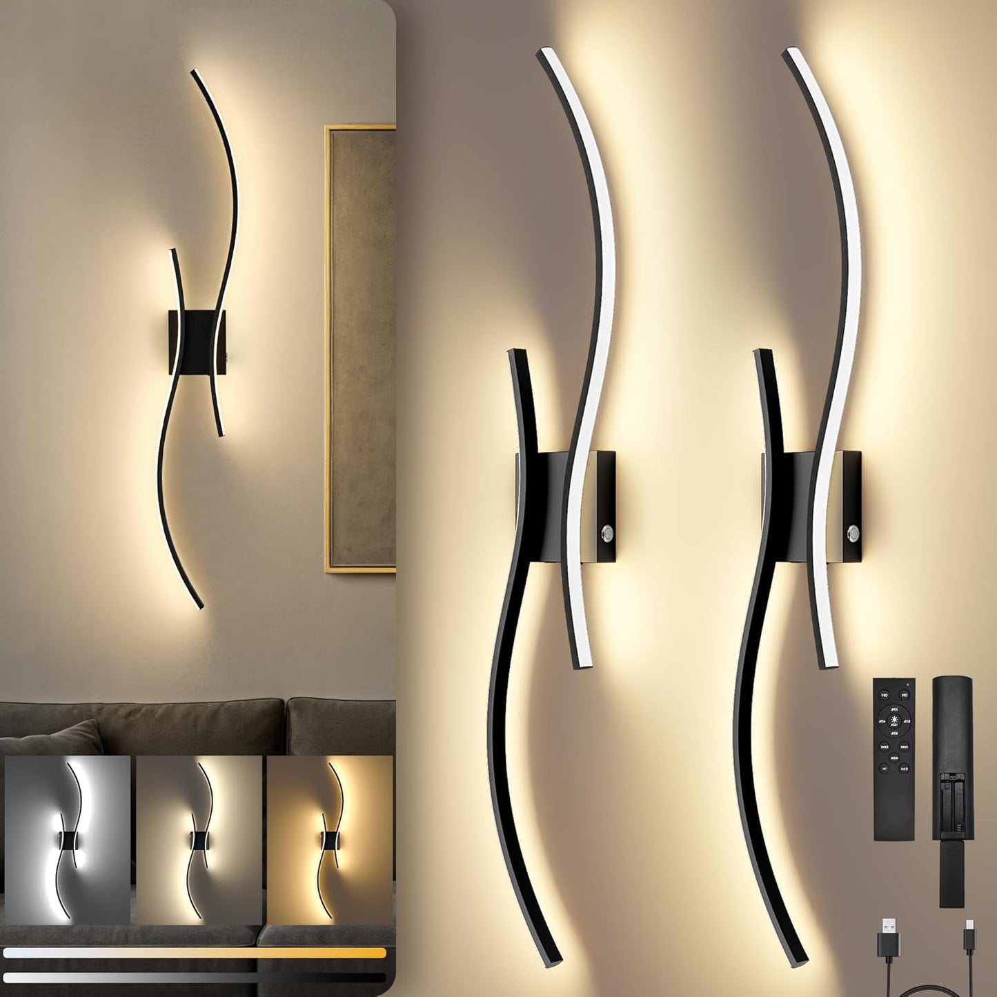 Battery Operated Wall Sconces Set of Two, 10000mAh Rechargeable Modern Wall Lights with Remote Control, Dimmable Gold LED Cordless Lighting for Living Room, Bedroom, Hallway, 39.4 Inch, 3CCT