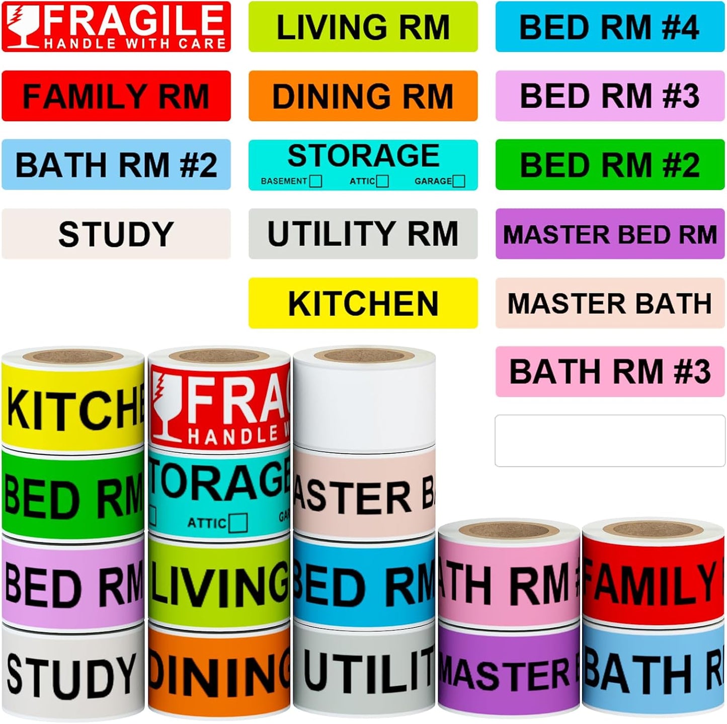 Moving Box Labels – 1440 PCS (24 Rolls) Color Coded Room Stickers, 1''x4.5'' Strong Adhesive Home Packing Stickers for Boxes of Bedroom, Kitchen, Garage, Fragile & Heavy Item Warning Labels, BIAlabel