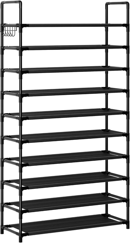 Shoe Rack, 10 Tier Shoe Storage Organizer with Hooks,Fit 40-45 Pairs Shoes,Metal Tall Shoe Shelf for Closet,Entryway, Hallway,Garage,Bedroom,Cloakroom