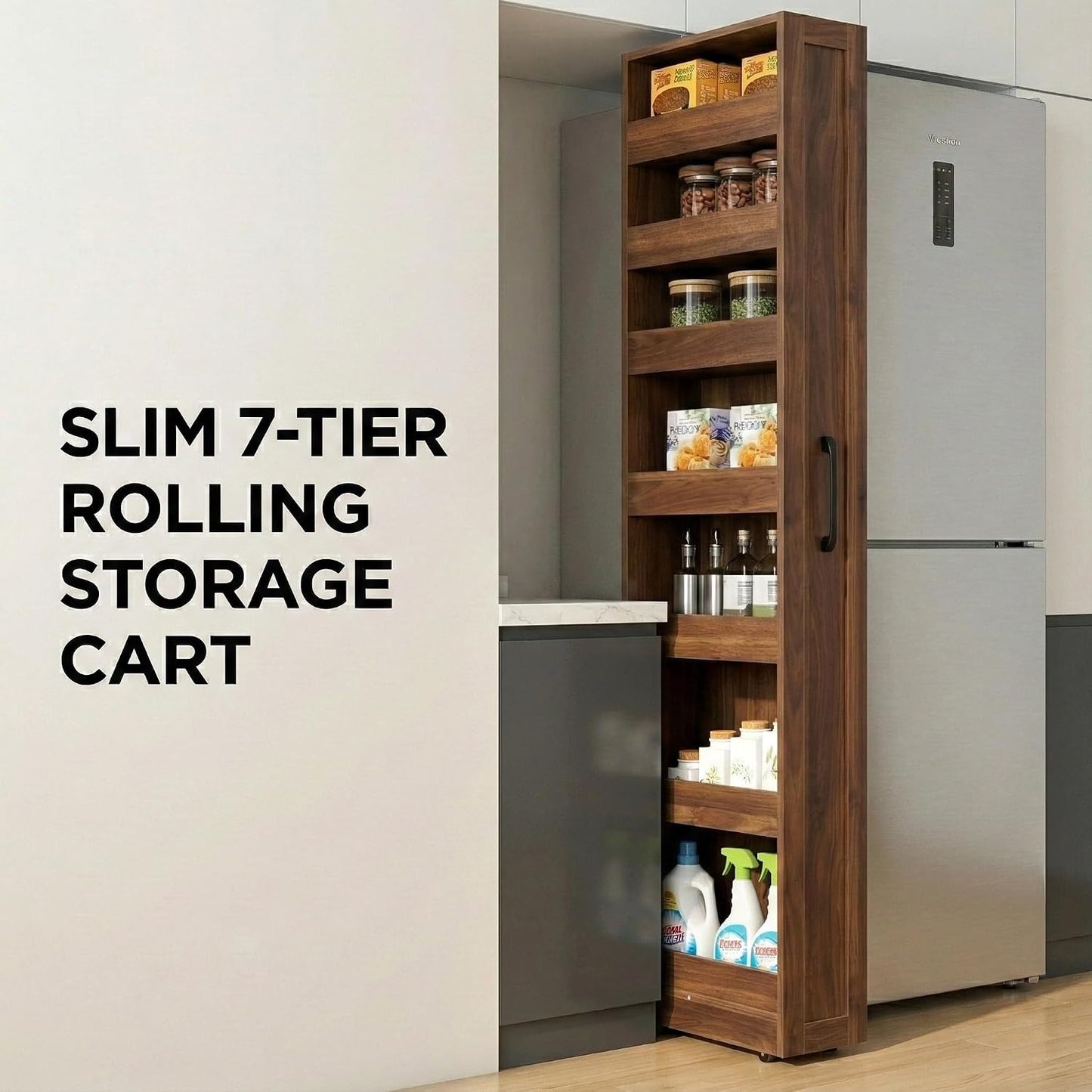 Slim Rolling Storage Cart, 6-Tier Pull-Out Spice Rack with Handle & Wheels, Narrow Kitchen Organizer for Next to Fridge, Pantry, Laundry Room,11.8 Inch Wide Space Saver（Black, With Side Panel)