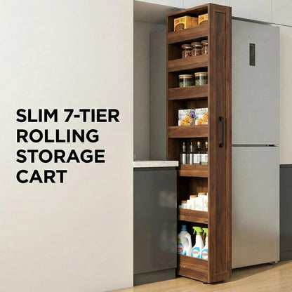 Slim Rolling Storage Cart, 6-Tier Pull-Out Spice Rack with Handle & Wheels, Narrow Kitchen Organizer for Next to Fridge, Pantry, Laundry Room,11.8 Inch Wide Space Saver（Black, With Side Panel)