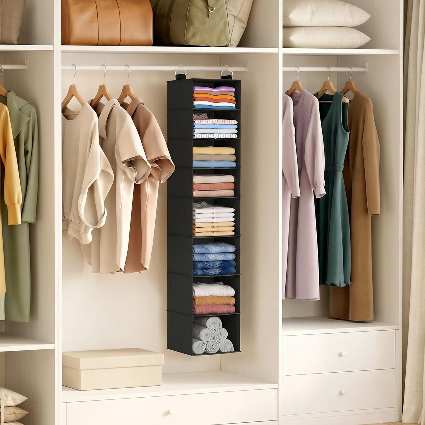 Lifewit 5 Tier Hanging Closet Organizer and Storage for Shelves, Foldable Clothes Shelf with 2 Sturdy Hooks, Sweater/Coat/Shoes Clothing Organization for Wardrobe, Dorm, Bedroom, Gray