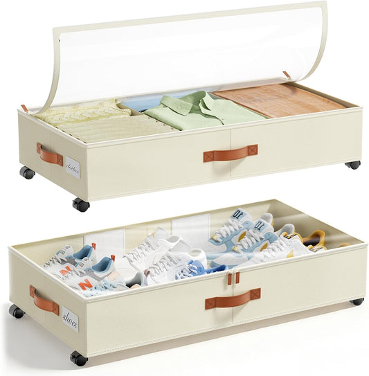 LAMU Under Bed Storage with Wheels, 2 Pack Under Bed Storage Containers with Clear Lids & Label, Rolling Under Bed Drawers for Clothes, Shoes, Blankets, Black