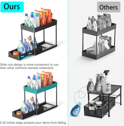 2 Pack black Under Sink Organizers and Storage, 2-Tier Sliding Cabinet Basket Organizer with Hooks, Multi-Purpose Under Sink Organizers and Storage for Bathroom Kitchen