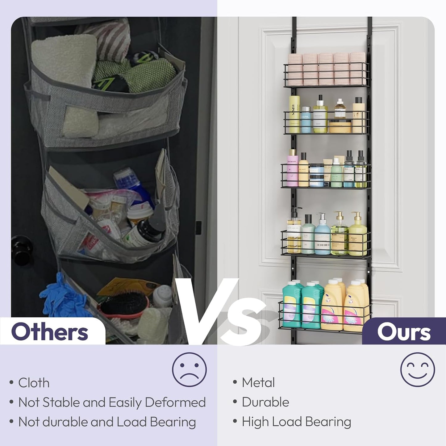 SWTYMIKI Over The Door Organizer - Door Organizer Hanging with 5 Adjustable Metal Large Capacity Basket and 6 Coat Hook, Wall Mounted Shelf for Bedroom Closet Bathroom Laundry Pantry Cabinet Kitchen