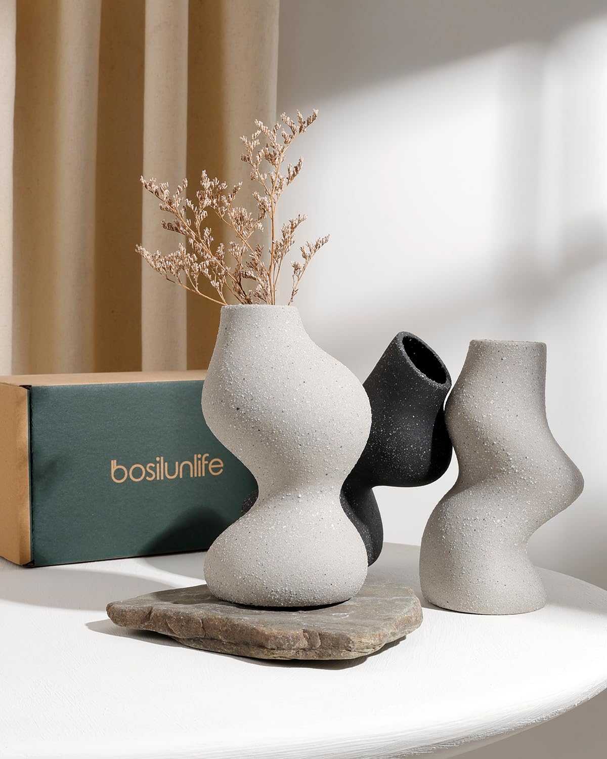 BosilunLife Decorative Vase Set of 3, Nested Curved Recycled Ceramic, Speckled Wabi-Sabi Home Decor, Modern Boho Centerpiece for Living Room Mantel & Office (Black & Grey)