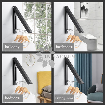 IN VACUUM Clothes Drying Rack, Laundry Racks for Drying Clothes, Wall Mounted Retractable Clothes Hanger for Laundry Room, Garage, Indoor & Outdoor Use, Aluminum (1 Racks, Black)