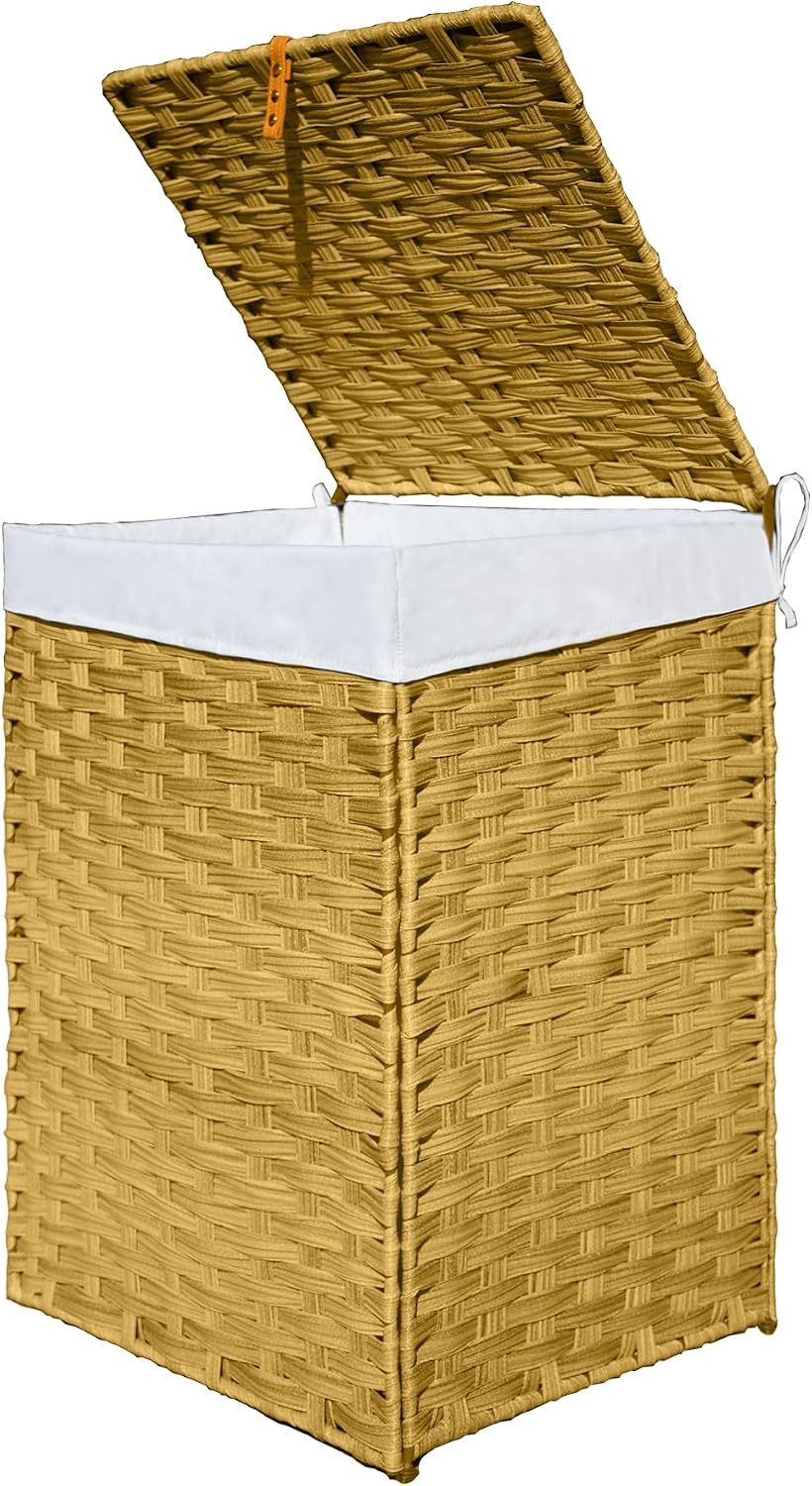 Wicker Laundry Hamper with Lid,34 Gal(130 L) Rattan Laundry Basket 2 Sections with Lid, Removable Machine Washable Line, Large Clothes Hamper with Handles for Bathroom Bedroom, Gray