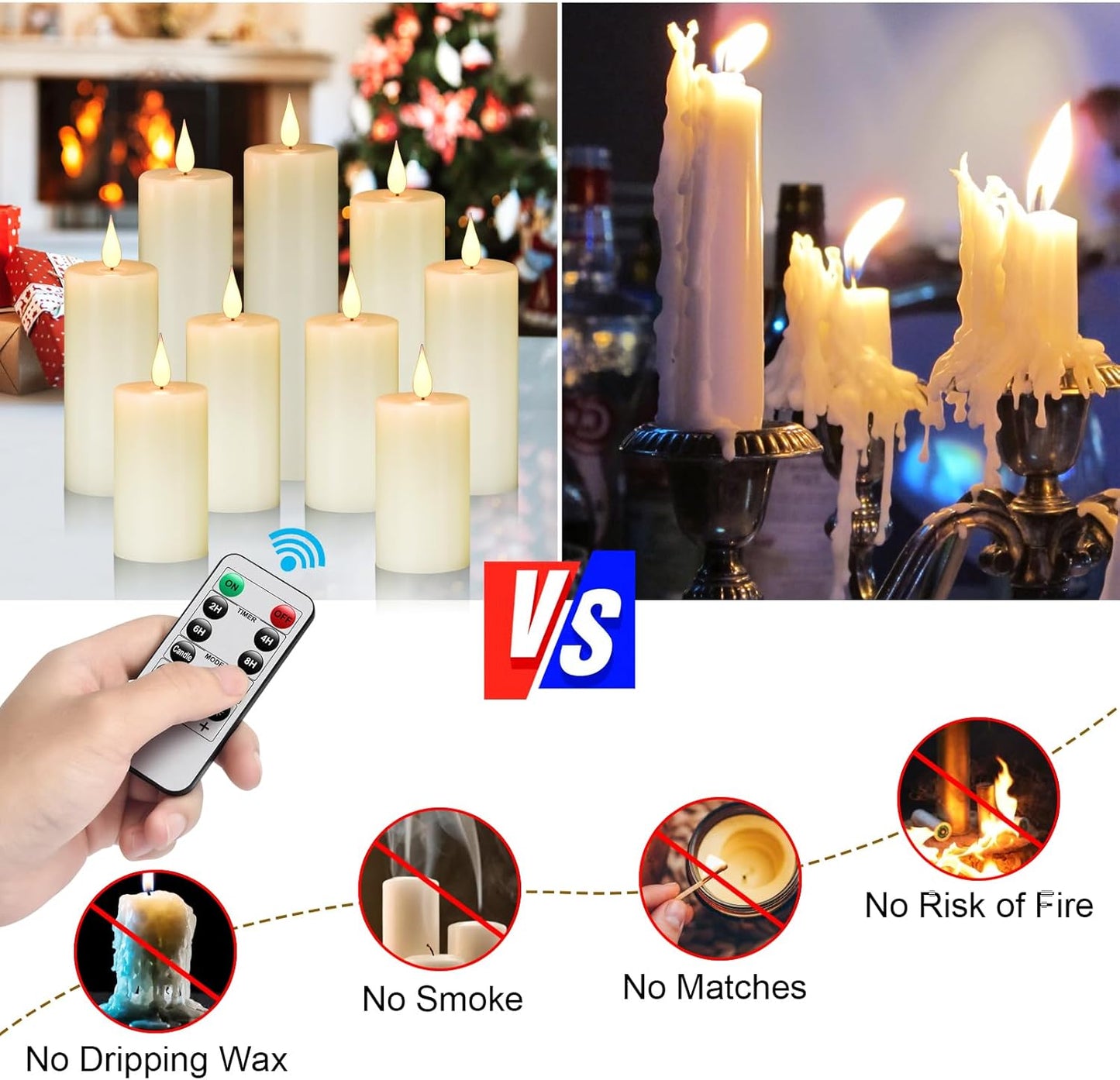 Flameless Flickering Battery Operated Candles D2.2''*H4 5" 6" 7" 8" 9" Set of 9 Ivory Real Wax Pillar LED Candles with 10-Key Remote and Cycling 24 Hours Timer (Ivory)