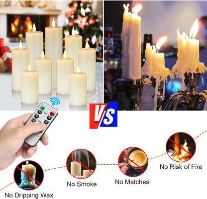 Flameless Flickering Battery Operated Candles D2.2''*H4 5" 6" 7" 8" 9" Set of 9 Ivory Real Wax Pillar LED Candles with 10-Key Remote and Cycling 24 Hours Timer (Ivory)