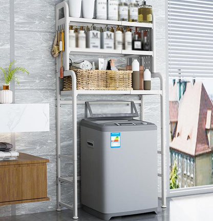 Over The Washer and Dryer Storage Shelf with Adjustable Shelf, 3 Tiers Expandable Over Toilet Storage Rack with Hooks Laundry Organizer Standing Shelf Gray for Laundry Room Bathroom
