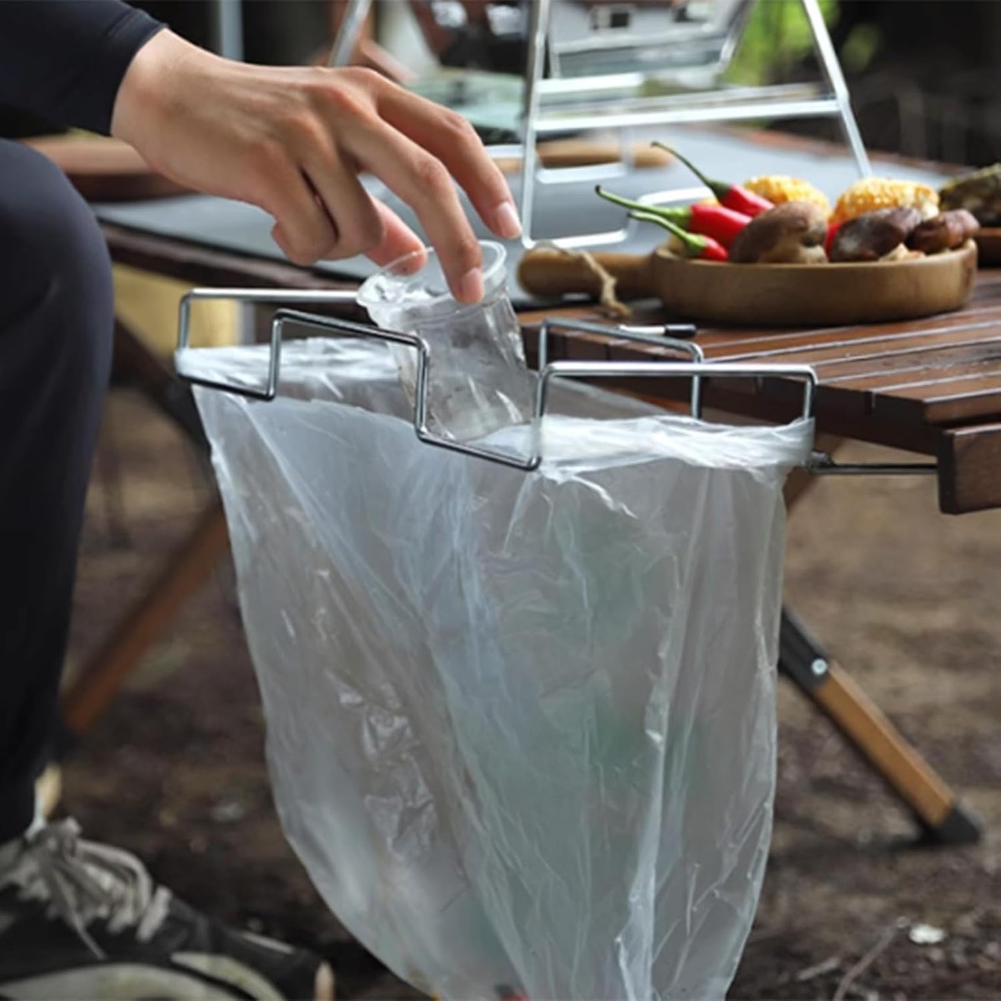 Stainless Steel Trash Bag Holder, Folding Hanging Dustbin Cage, Tabletop Garbage Bracket for Camping BBQ Kitchen