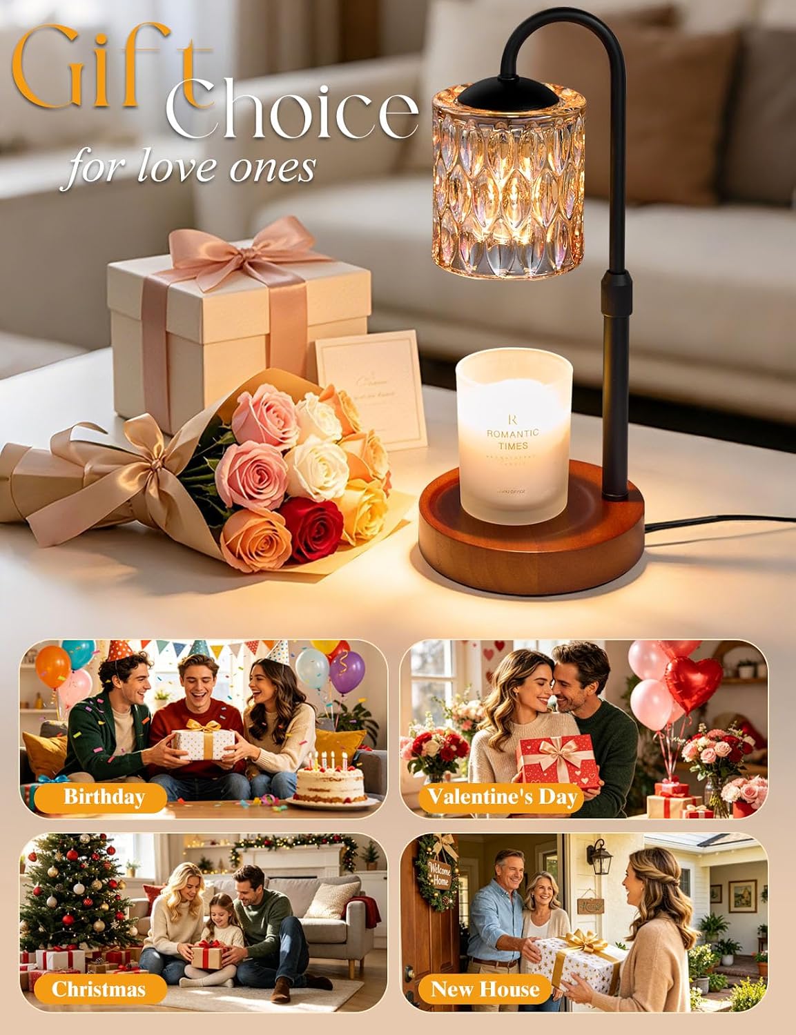 Briever Dimmable Candle Warmer Lamp with Timer, Height Adjustable Electric Candle Wax Warmer, Christmas Birthday Gifts for Women Mom, House Warming Gifts New Home Room Decor, Walnut Solid Wood Base