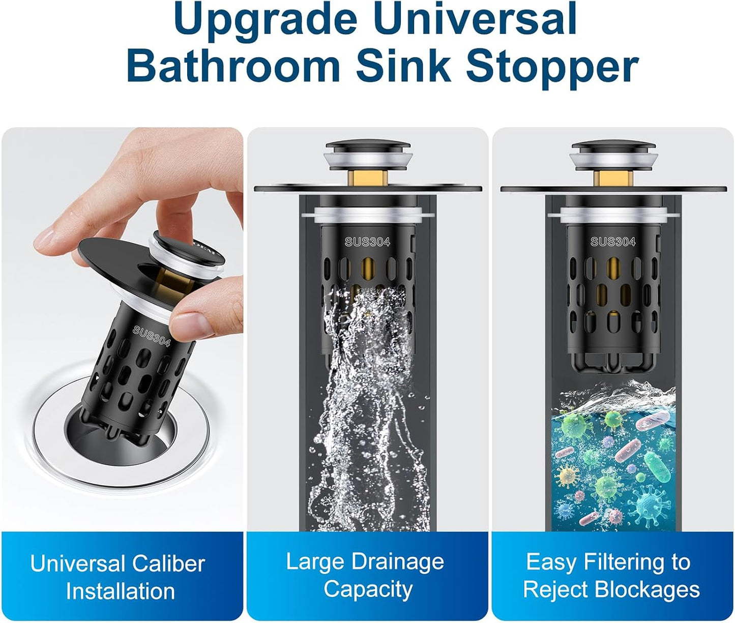 Bathroom Sink Drain Strainer,All Metal Pop-Up Sink Stopper with Removable Stainless Steel Filter Basket, Universal Bathroom Hair Catcher Fit for 1.1-2.36'' Drain (Silver, 2 Pack)