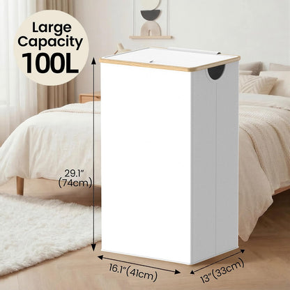 efluky Slim Laundry Basket with Lid, Narrow Laundry Hamper with Removable Bag, Skinny Dirty Clothes Basket with Bamboo Handles for Bathroom, Bedroom & Laundry Room, 75L Beige
