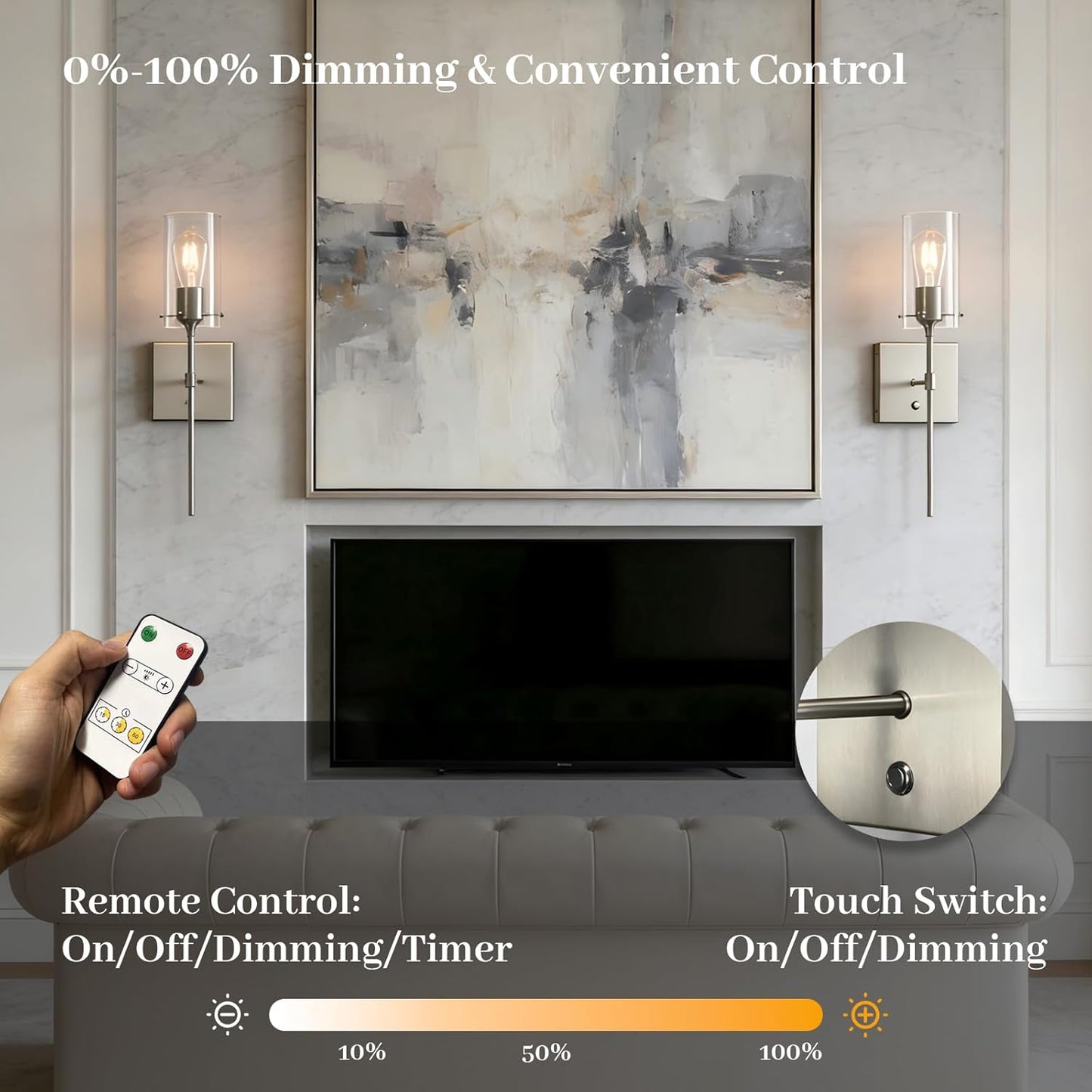 Wireless Wall Sconces with Remote Control, Black Battery Operated Wall Sconces Set of 2, Rechargeable Dimmable Wall Light for Bedroom Living Room Bathroom Hallway Entryway Stairwell,3 Colors
