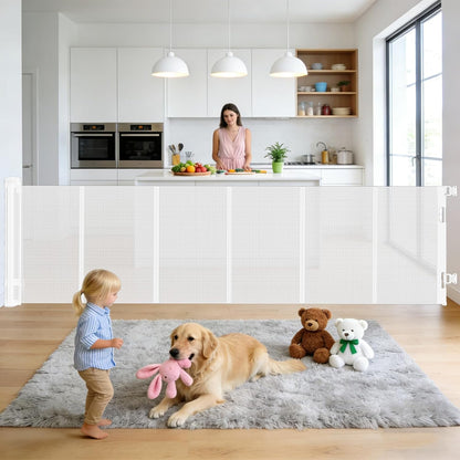 Retractable Baby Gate, 55 in Wide x 33 in Tall Mesh Dog Gate, Hardware Mounted Safety Gate with Double Lock for Doorways, Hallways, Indoor Outdoor, White