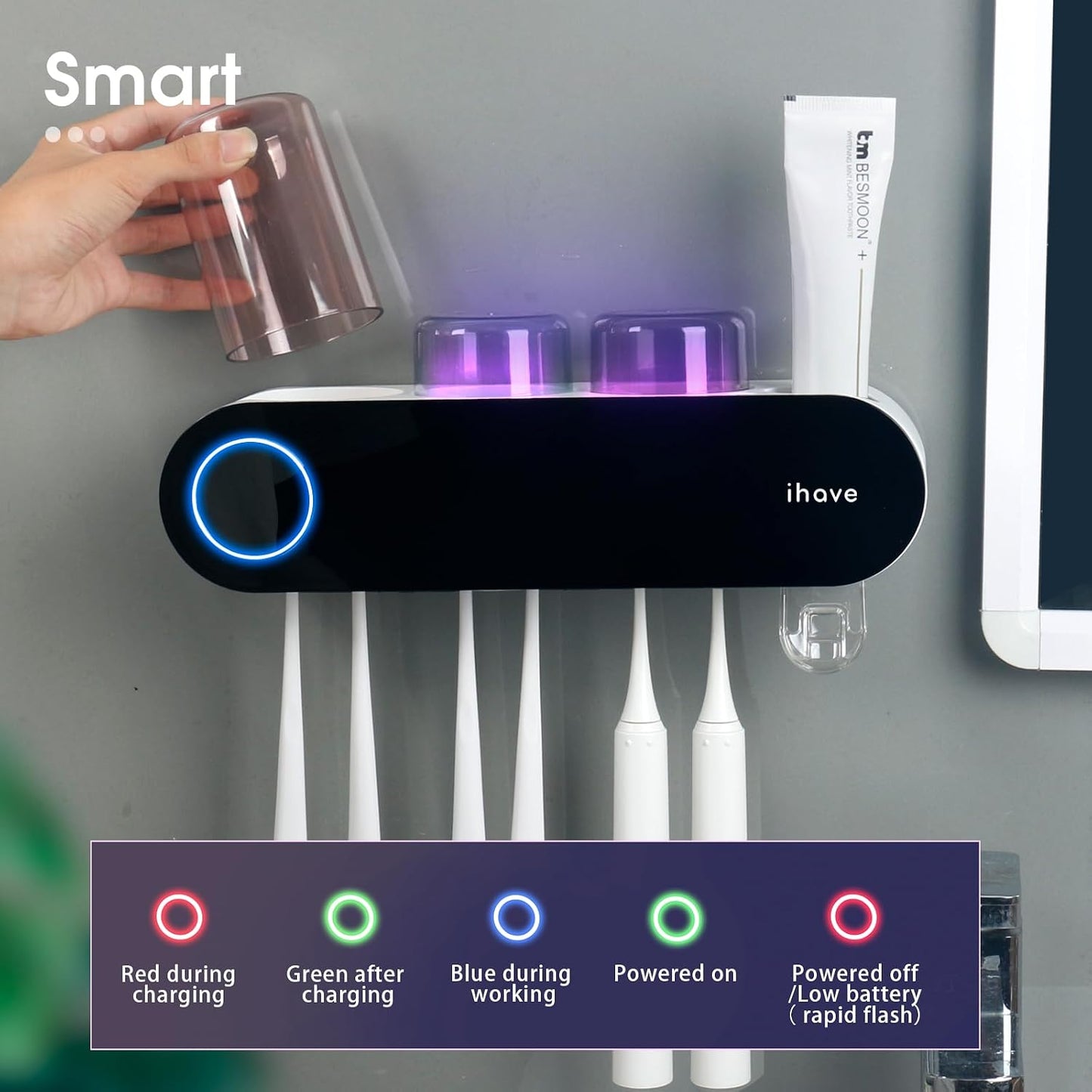 iHave Toothbrush Holders for Bathrooms, UV Toothbrush Sanitizer and Holder Smart Home Bathroom Accessories, 2 Cups Electric Toothbrush Holder Wall Mounted with Toothpaste Dispenser Bathroom Decor