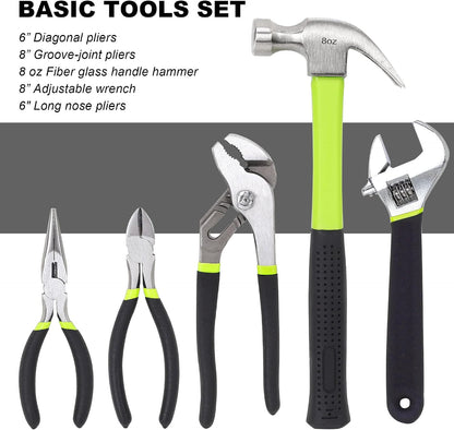 FASTPRO 215-Piece Home Repairing Tool Set with 12-Inch Wide Mouth Open Storage Bag, Household Hand Tool Kit,Red