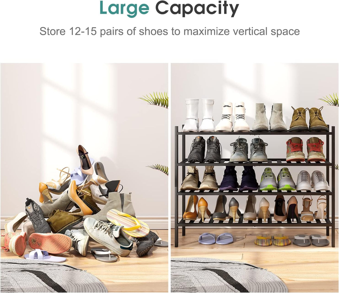 viewcare 3-Tier Black Bamboo Shoe Rack for Entryway, Stackable | Foldable | Natural, Shoe Shelf Storage Organizer for Hallway Closet, Free Standing Shoe Racks for Indoor Outdoor
