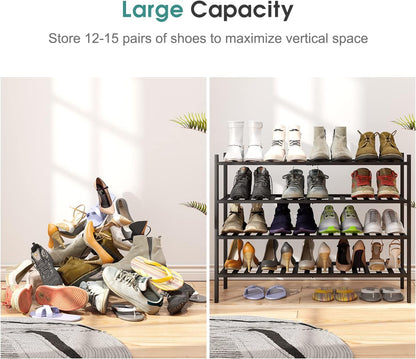 viewcare 3-Tier Black Bamboo Shoe Rack for Entryway, Stackable | Foldable | Natural, Shoe Shelf Storage Organizer for Hallway Closet, Free Standing Shoe Racks for Indoor Outdoor