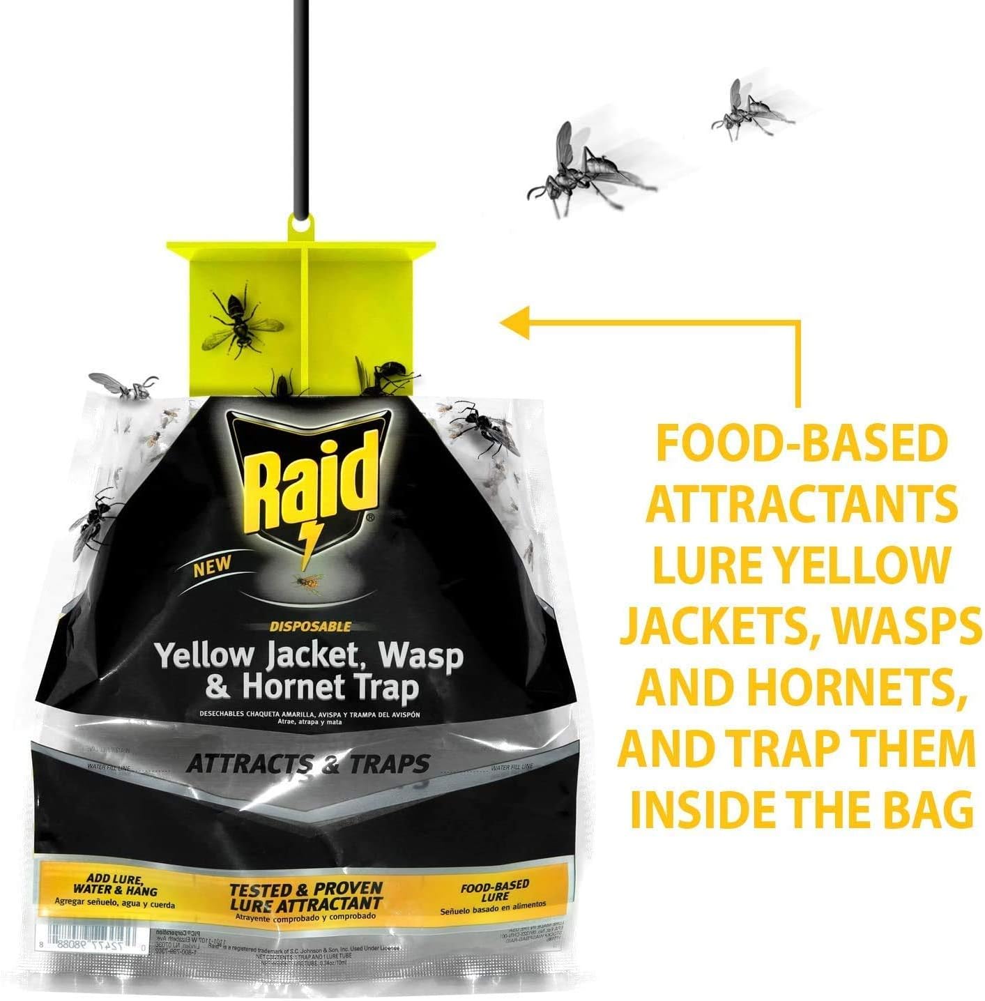 Raid Yellow Jacket, Wasp & Hornet Trap, 6 Pack, Disposable, Convenient, Hanging Fly Trap Bags with Food-Based Lure, No-Spray Outdoor Fly Traps Suitable Defense for Yards, Patios & Campsites