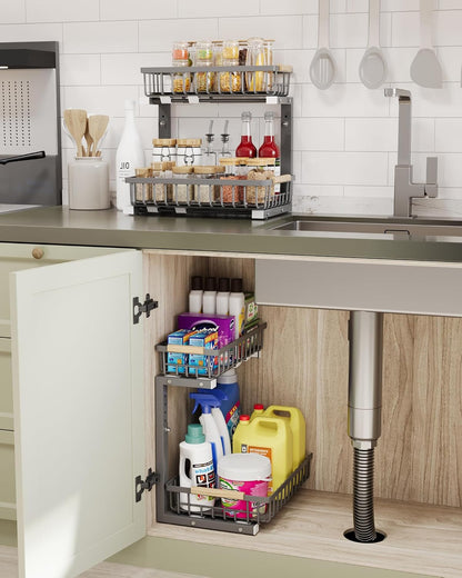 Under Sink Organizer Storage for Families: Pull Out Storage Undersink Organizers Drawer Cabinet - Sliding 2 Tier Rack Metal Organization Under Counter Kitchen Bathroom for Homemakers(White,1 Pack)