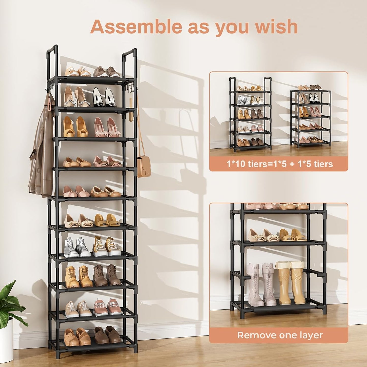 LANTEFUL 10 Tiers Shoe Rack 50 Pairs Large Capacity Tall Shoe Organizer Sturdy Shoe Storage with Two Hooks Space Saving Metal Wide Shoe Rack for Closet, Entryway, Bedroom, Black