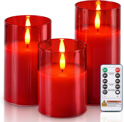 Homemory Green Glass Flameless Candles, Battery Operated LED Pillar Candles with Remote Control and Timer, Radiance Candles, Real Wax, Set of 3,D3 xH4 5" 6"