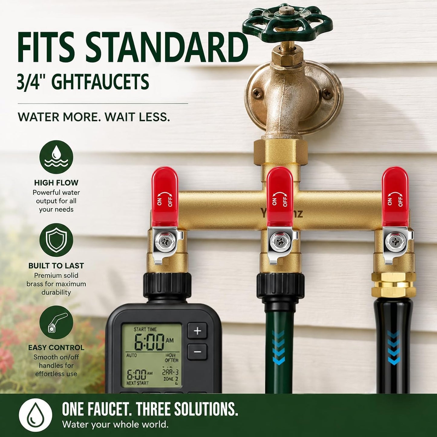 Garden Hose Splitter 3-Way, Heavy Duty Brass Hose Splitter | Outdoor Water Spigot Splitter, Full Flow, Long Handles, Shut-off Valves, Wide Spacing Fit Large Timer