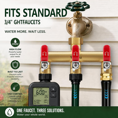 Garden Hose Splitter 3-Way, Heavy Duty Brass Hose Splitter | Outdoor Water Spigot Splitter, Full Flow, Long Handles, Shut-off Valves, Wide Spacing Fit Large Timer
